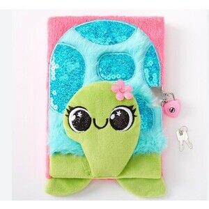 Claire’s Tessa Turtle Plush faux fur cute girls Diary sequence Lock Key pink